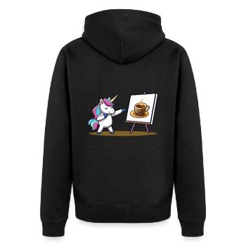 Kaffee - Einhorn - Unisex Premium Bio Zip Hoodie - Schwarz - Hinten - Nico (187cm)