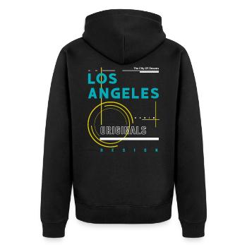Los Angeles Streetwear Schriftzug Kalifornien - Unisex Premium Bio Zip Hoodie - Schwarz - Hinten - Nico (187cm)