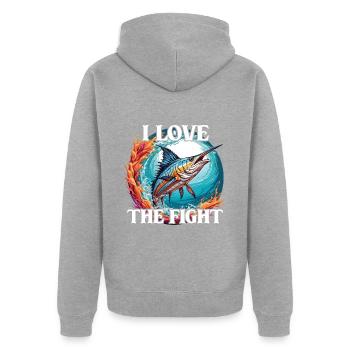 Jumping Marlin Pêche en haute mer Pêche en haute mer - Veste à capuche bio Premium Unisexe - gris chiné - Dos - Nico (187cm)