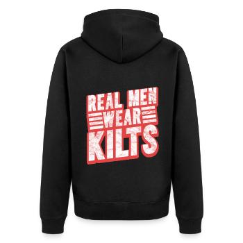 Real Men Wear Kilts- Schottenroch Herrenrock - Unisex Premium Bio Zip Hoodie - Schwarz - Hinten - Nico (187cm)