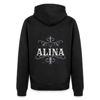 Alina Name Vorname Personalisiert - Unisex Premium Bio Zip Hoodie - Schwarz - Hinten - Nico (187cm)