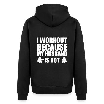 Ich trainiere, weil mein Mann heiß ist - Unisex Premium Bio Zip Hoodie - Schwarz - Hinten - Nico (187cm)