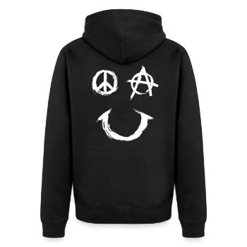 Pace Anarchy Smiley - Unisex Premium Bio Zip Hoodie - Schwarz - Hinten - Nico (187cm)