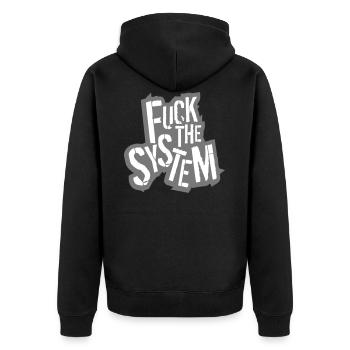 umriss kontur text rebellisch fuck the system logo - Unisex Premium Bio Zip Hoodie - Schwarz - Hinten - Nico (187cm)