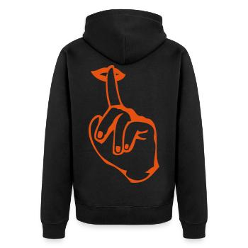 leises Geräusch halt die Klappe Fingersymbol Mund - Unisex Premium Bio Zip Hoodie - Schwarz - Hinten - Nico (187cm)