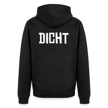 Hacke Dicht - Unisex Premium Bio Zip Hoodie - Schwarz - Hinten - Nico (187cm)