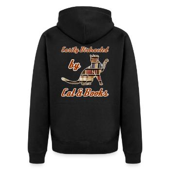 Easily Distracted by Cat & Books - Unisex Premium Bio Zip Hoodie - Schwarz - Hinten - Nico (187cm)