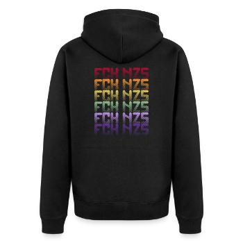 FCK NZS - Die Welt ist bunt! - Gegen Rechts - Unisex Premium Bio Zip Hoodie - Schwarz - Hinten - Nico (187cm)