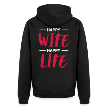 HAPPY WIFE HAPPY LIFE - Unisex Premium Bio Zip Hoodie - Schwarz - Hinten - Nico (187cm)