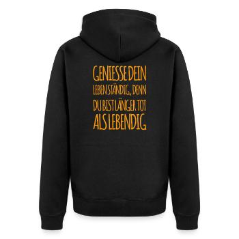 genieße dein Leben ständig - Unisex Premium Bio Zip Hoodie - Schwarz - Hinten - Nico (187cm)