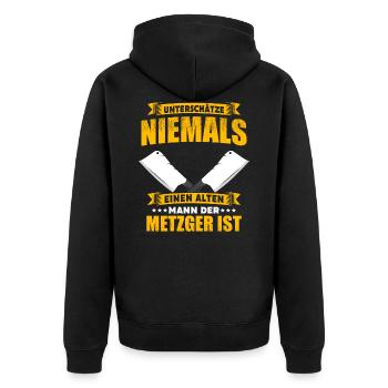 Metzger Fleischer Metzgerei Spruch - Unisex Premium Bio Zip Hoodie - Schwarz - Hinten - Nico (187cm)