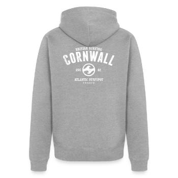 CORNWALL BRITISH SURFING USED LOOK - Unisex Premium Bio Zip Hoodie - Grau meliert - Hinten - Nico (187cm)