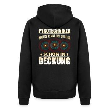 Pyro Feuerwerker rennt - Unisex Premium Bio Zip Hoodie - Schwarz - Hinten - Nico (187cm)