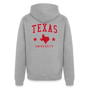 Texas University - Unisex Premium Bio Zip Hoodie - Grau meliert - Hinten - Nico (187cm)
