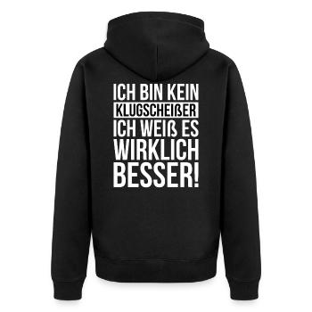 Ich bin kein Klugscheißer Spruch - Unisex Premium Bio Zip Hoodie - Schwarz - Hinten - Nico (187cm)