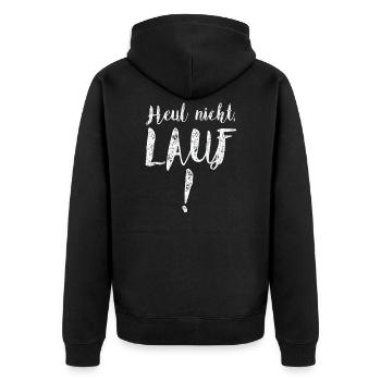 Tolles Shirt für Läufer: Heul nicht, Lauf! - Unisex Premium Bio Zip Hoodie - Schwarz - Hinten - Nico (187cm)