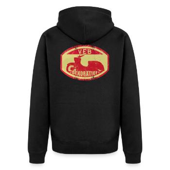 Simsom Schwalbe - VEB DEKORATIEF Vintage Logo DDR - Unisex Premium Bio Zip Hoodie - Schwarz - Hinten - Nico (187cm)