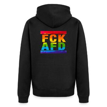 Gegen Nazis - FCK AFD - Gegen Rechts - LGBTQ - Unisex Premium Bio Zip Hoodie - Schwarz - Hinten - Nico (187cm)