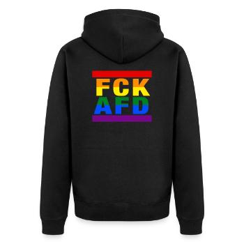 Gegen Nazis - FCK AFD - Gegen Rechts - LGBTQ - Unisex Premium Bio Zip Hoodie - Schwarz - Hinten - Nico (187cm)