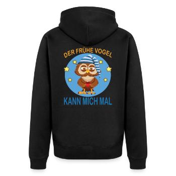 Frühe Vogel kann mich mal Eule Kaffee Morgenmuffel - Unisex Premium Bio Zip Hoodie - Schwarz - Hinten - Nico (187cm)