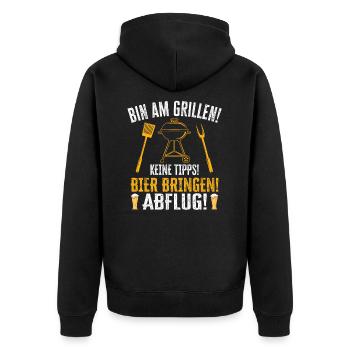 Grillmeister Bin am Grill Papa BBQ Grillen - Unisex Premium Bio Zip Hoodie - Schwarz - Hinten - Nico (187cm)