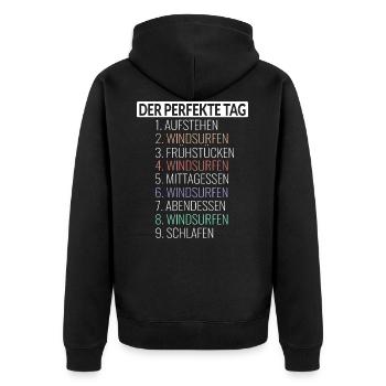 Windsurfen Tagesablauf - Unisex Premium Bio Zip Hoodie - Schwarz - Hinten - Nico (187cm)