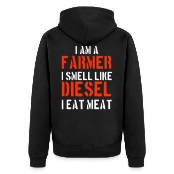 I am a farmer and i smell like diesel and eat meat - Unisex Premium Organic Zip Hoodie - black - Back - Nico (187cm)