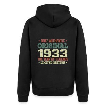 Legende seit 1933 Jahrgang 1933 - 91. Geburtstag - Unisex Premium Bio Zip Hoodie - Schwarz - Hinten - Nico (187cm)