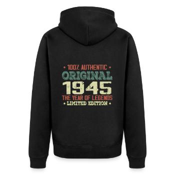 Legende seit 1945. Geboren 1945 – 79. Geburtstag - Unisex Premium Bio Zip Hoodie - Schwarz - Hinten - Nico (187cm)