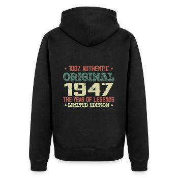 Legende seit 1947. Geboren 1947 – 77. Geburtstag - Unisex Premium Bio Zip Hoodie - Schwarz - Hinten - Nico (187cm)