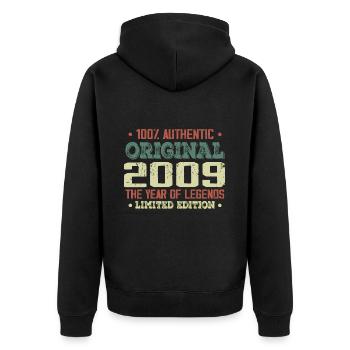 Legend since 2009 Born in 2009 - 15th Anniversary - Unisex Premium Organic Zip Hoodie - black - Back - Nico (187cm)