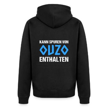 Kann Spuren Von Ouzo Enthalten - Unisex Premium Bio Zip Hoodie - Schwarz - Hinten - Nico (187cm)