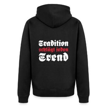 Tradition schlägt jeden Trend - Unisex Premium Bio Zip Hoodie - Schwarz - Hinten - Nico (187cm)