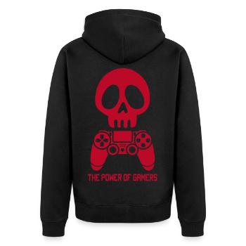 Die Macht der Spieler (Rot) - Unisex Premium Bio Zip Hoodie - Schwarz - Hinten - Nico (187cm)