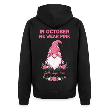 in Oktober we wear pink Gnom Pinkem Schlafmütze - Unisex Premium Bio Zip Hoodie - Schwarz - Hinten - Nico (187cm)