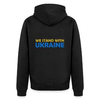 We stand with Ukraine script - Unisex Premium Organic Zip Hoodie - black - Back - Nico (187cm)