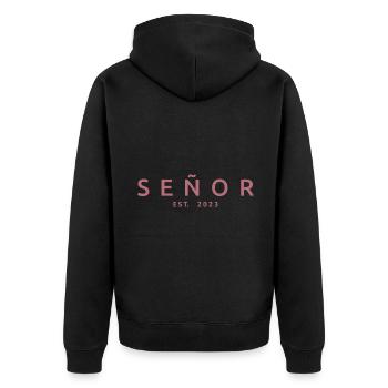 2023 Hochzeitsfeier des Verlobungsbräutigams - Unisex Premium Bio Zip Hoodie - Schwarz - Hinten - Nico (187cm)