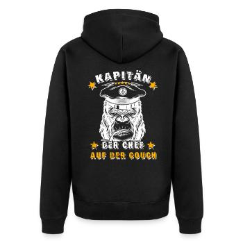 Kapitän - Der Chef auf der Couch - Unisex Premium Bio Zip Hoodie - Schwarz - Hinten - Nico (187cm)