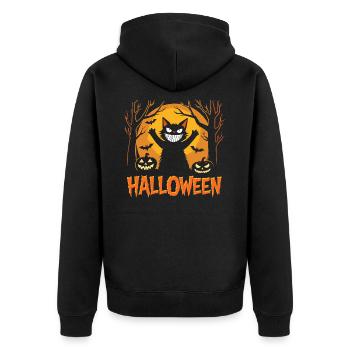 Halloween Katze - Kürbis - Grinsen - Gruselig - Unisex Premium Bio Zip Hoodie - Schwarz - Hinten - Nico (187cm)
