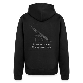 Liebe ist gut. Essen ist besser. - Unisex Premium Bio Zip Hoodie - Schwarz - Hinten - Nico (187cm)