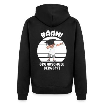Abschluss 2026 Bääm Abschied Grundschule gerockt - Unisex Premium Bio Zip Hoodie - Schwarz - Hinten - Nico (187cm)