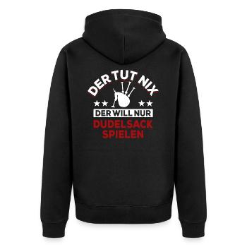 Der tut nix der will nur Dudelsack spielen Spruch - Unisex Premium Bio Zip Hoodie - Schwarz - Hinten - Nico (187cm)