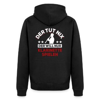 Der tut nix der will nur Klarinette spielen - Unisex Premium Bio Zip Hoodie - Schwarz - Hinten - Nico (187cm)
