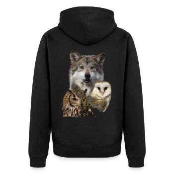 Wolf und Eulen - Unisex Premium Bio Zip Hoodie - Schwarz - Hinten - Nico (187cm)