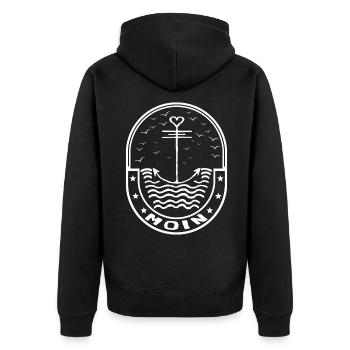moin. weiß anker - Unisex Premium Bio Zip Hoodie - Schwarz - Hinten - Nico (187cm)