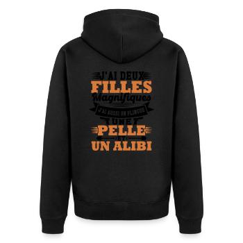 J'ai deux filles magnifiques, flingue pelle alibi - Veste à capuche bio Premium Unisexe - noir - Dos - Nico (187cm)