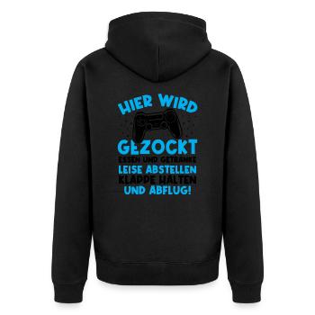 Hier wird gezockt essen und getränke leise - Unisex Premium Bio Zip Hoodie - Schwarz - Hinten - Nico (187cm)