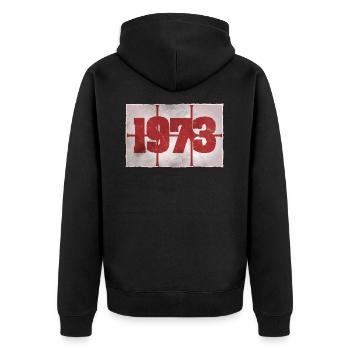 Born in 1973 - Unisex Premium Organic Zip Hoodie - black - Back - Nico (187cm)