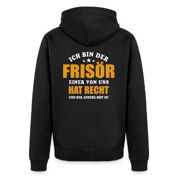 Ich bin der Frisör - einer von uns hat Recht - Unisex Premium Bio Zip Hoodie - Schwarz - Hinten - Nico (187cm)