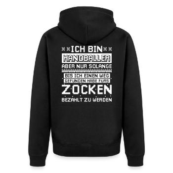 Handball Gaming | Gamer Handballer Spruch - Unisex Premium Bio Zip Hoodie - Schwarz - Hinten - Nico (187cm)